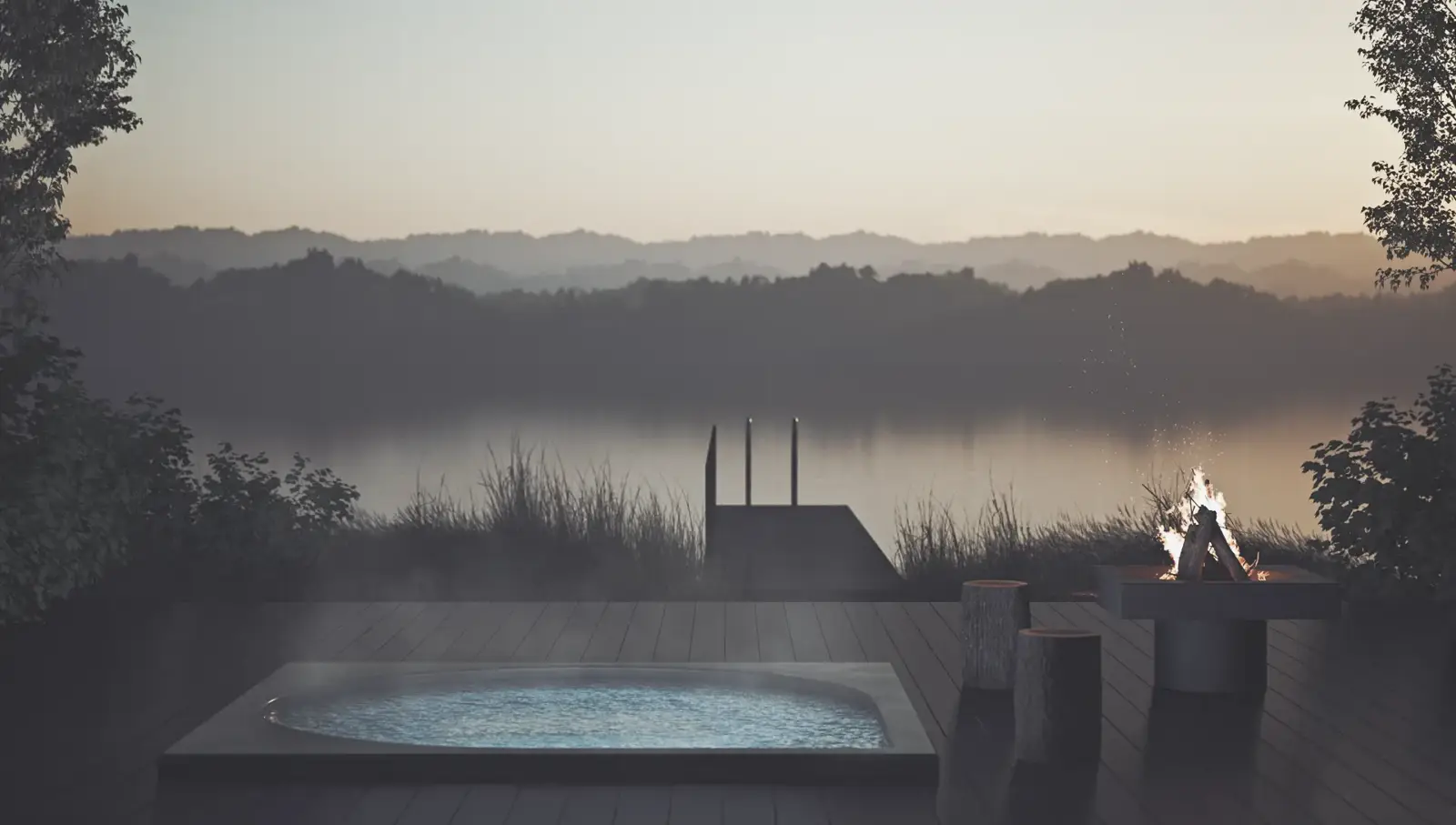 Drop Design Spa, nedsänkt vid en sjö i skymningen, ett av baden vi levererar till Enköping