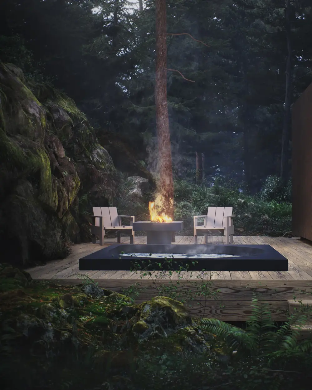 Drop Design Spa, svart bad vid eldstad i skogen